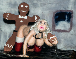 Meanwhile, At The North Pole, needle felted artwork by the dirty felter, adult humour, dark humour, bondage, food fetish, 